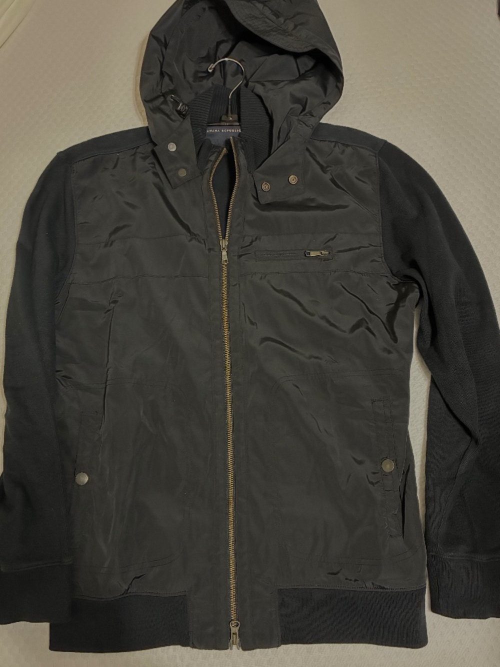 BANANA REPUBLIC MENS WINTER JACKET HOODIE BLACK FULL ZIP POCKETS SNAP SZ L KNIT
